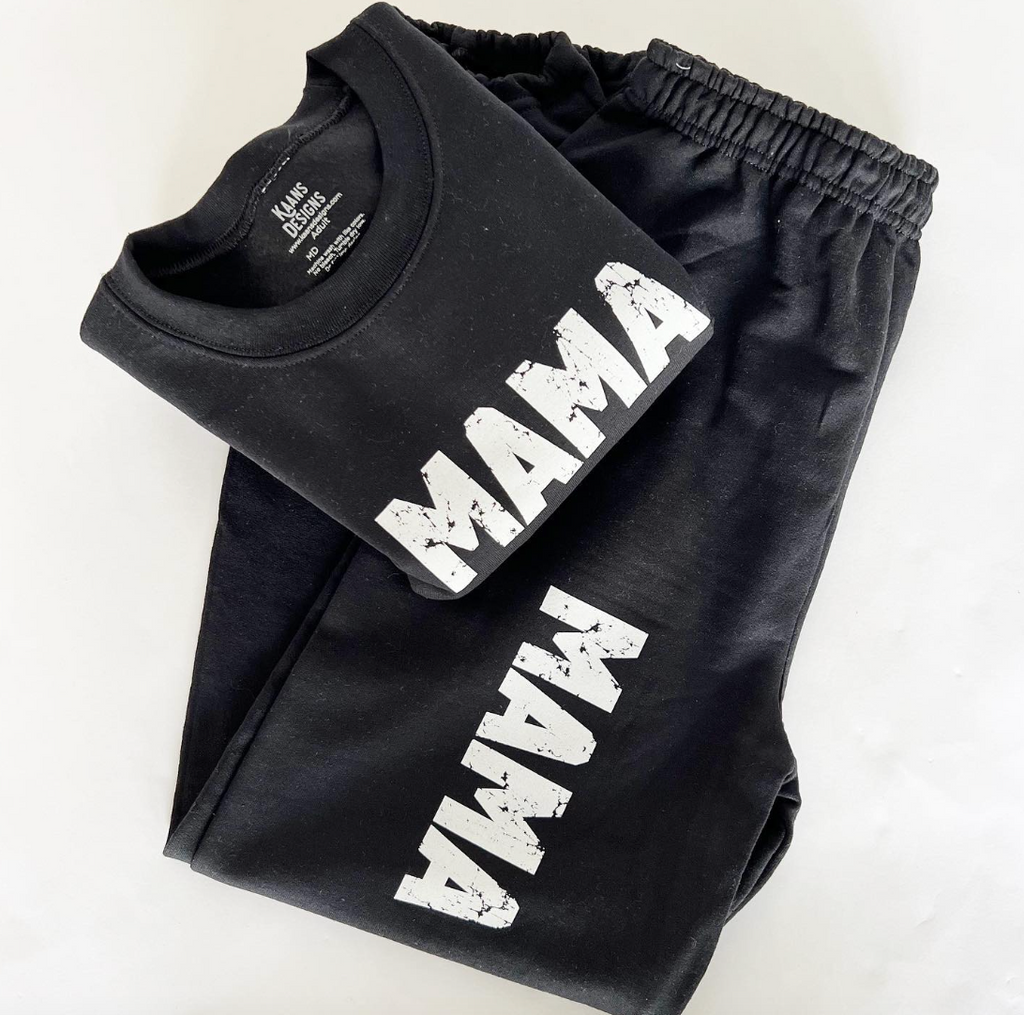 black sweatshirt and sweatpants or joggers with the screen print mama on them. super cute mama set