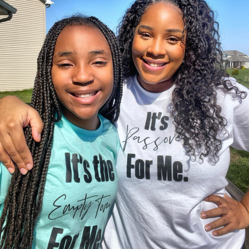 mom and daughter in colorful graphic shirts for easter family matching