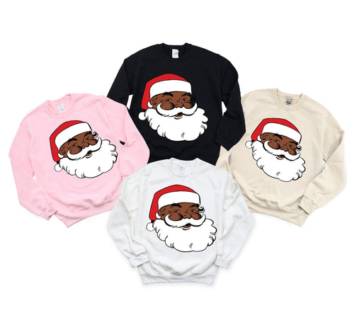 4 sweatshirts in pink, black, tan, and white with black Santa Claus face cute for holiday wear or Christmas photos