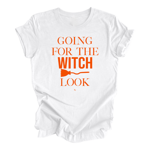 white tshirt that says going for the witch look with orang ink short sleeve shirt
