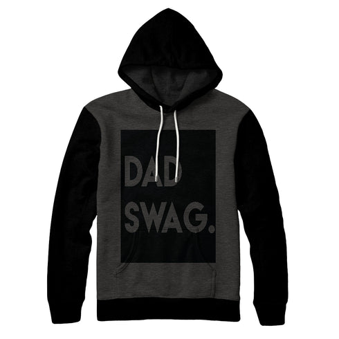 Two Toned Grey and Black Hoodie for men, mock up photo displaying hoodie for dads, the text says dad swag as a screen print with black background highlighting and a white drawstring
