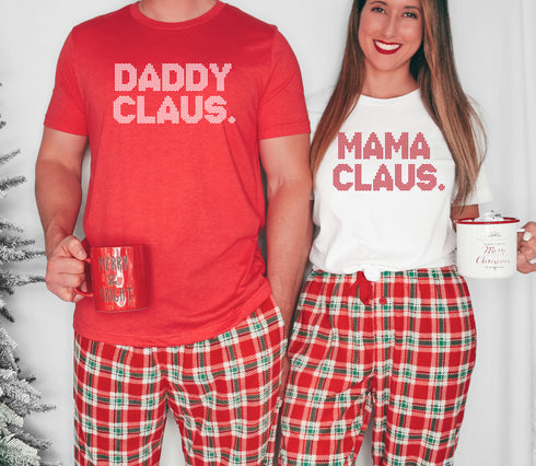 Mama and daddy matching shirts red shirt says daddy clause with white ink and white shirt says mama clause with red ink for Christmas matching
